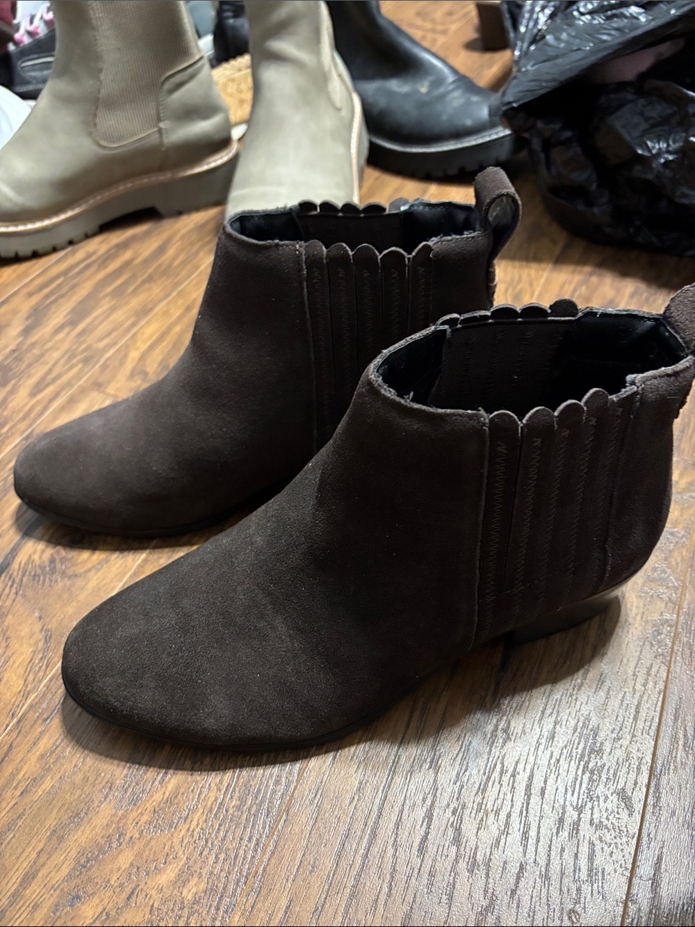 Jack Rogers Dark Brown Suede Scalloped Chelsea Ankle Boots